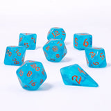 Set of blue dice with orange numbers on a white background