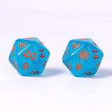 Two blue dice with orange numbers on a white background
