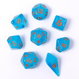 Set of blue dice with orange numbers on a white background
