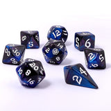 Set of blue and black polyhedral dice with white numbers on a white background