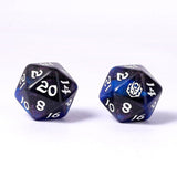 Two polyhedral dice with blue and black color scheme on a white background