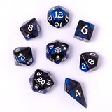 Set of blue and black polyhedral dice on a white background