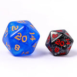 Two polyhedral dice, one blue with gold numbers and one black with red numbers, on a white background.