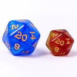 Two polyhedral dice, one blue and one red, with gold numbers on a white background