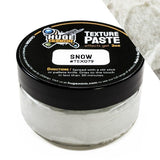 Jar of texture paste with black lid labeled 'Snow' on a white background