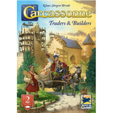 Board game cover of Carcassonne Traders & Builders with characters and architecture illustration.