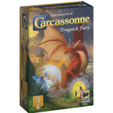 Board game box for 'Carcassonne Dragon & Fairy' featuring a dragon and fairy illustration.