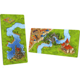 Two board game maps with landscapes and buildings on a white background