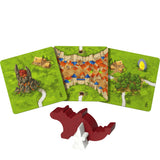 Board game components including cards and a red plastic piece on a white background