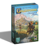Board game box for 'Carcassonne Messengers & Mayors' with a horse and castle illustration on a blue background.
