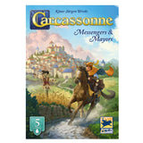 Carcassonne game box with illustration of a town, horse, and characters on a blue background
