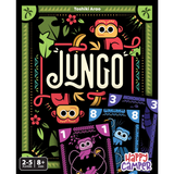 Card game cover of 'Jungo' with colorful monkey illustrations and game elements.