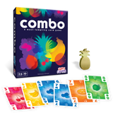 Colorful card game packaging with cards and a pineapple-shaped piece on a white background
