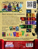Back cover of 'The Four Doors' board game packaging with illustrations and text.