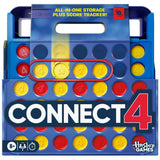 Hasbro Games Connect 4 All-In-One Storage Plus Score Tracker board game, featuring blue plastic game board, red and yellow discs, and a carrying handle.