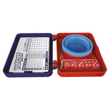 Yahtzee game set with dice, scorecard, and container on a white background