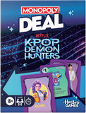 Monopoly Deal Netflix K-Pop Demon Hunters game box with card designs on a blue and purple background.
