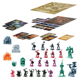 Collection of fantasy figurines, cards, and game boards on a white background