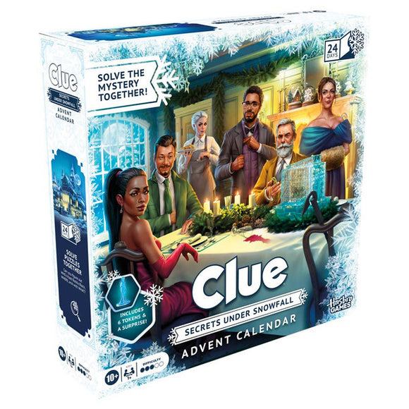 Clue Advent Calendar packaging with characters around a table and snowflake design.