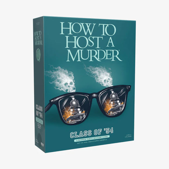 Game box for 'How to Host a Murder' with sunglasses and skull design on a teal background