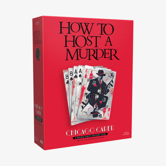 Box for 'How to Host a Murder' game with playing cards and a man's silhouette on a red background