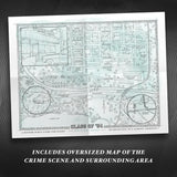Oversized map of a crime scene and surrounding area on a black background
