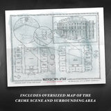 Map of a crime scene and surrounding area on a white background with text at the bottom.