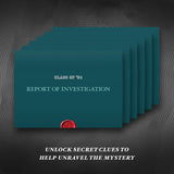 Stack of teal folders labeled 'Class of '41 Report of Investigation' on a dark background with text about unlocking clues.