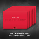 Red files with 'The Facts of the Case' report on a dark background