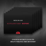 Black folders labeled 'Scotland Yard Report' with a red seal on a dark background, featuring text about unlocking secret clues.