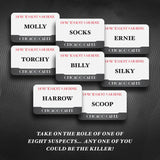 Set of cards with character names from 'How to Host a Murder' on a dark background