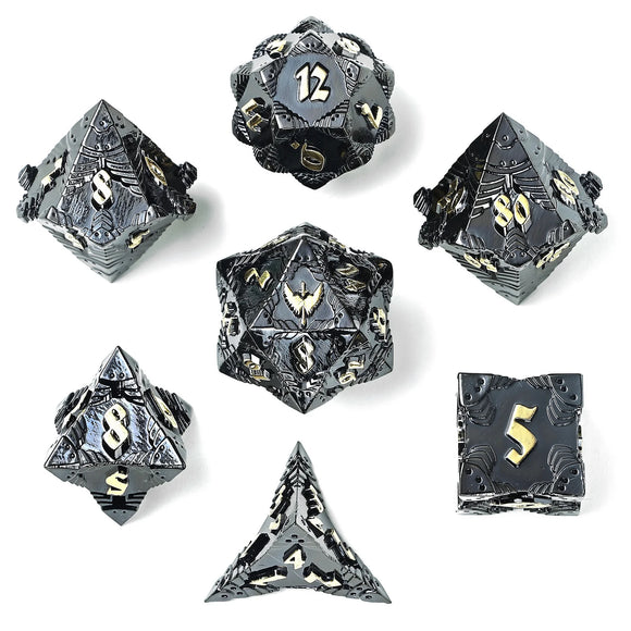 Hymgho Dice: Paladin Solid Metal Polyhedral Dice Set - Gunmetal with Gold - 7D