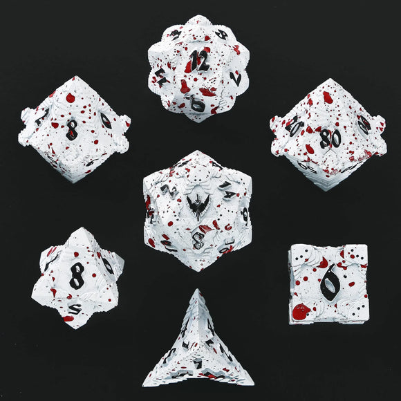 Hymgho Dice: Paladin Solid Metal Polyhedral Dice Set - White with Black and Blood splatter - 7D