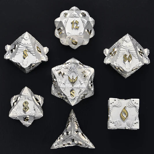 Hymgho Dice: Paladin Solid Metal Polyhedral Dice Set - Silver with Gold - 7D