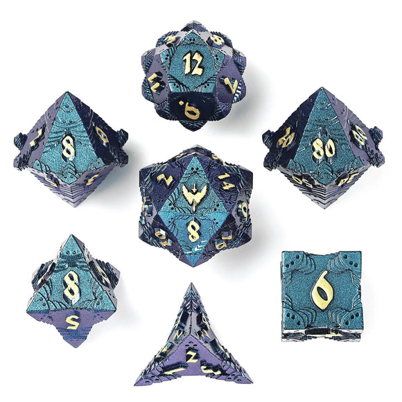 Hymgho Dice: Paladin Solid Metal Polyhedral Dice Set - Glitter Blue with Gold - 7D