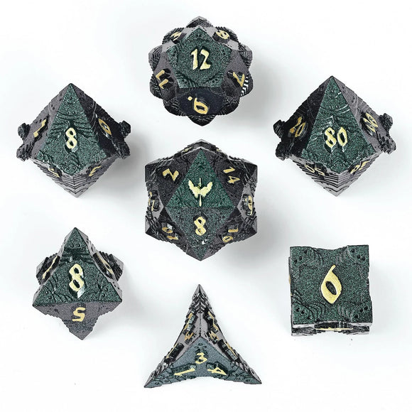 Hymgho Dice: Paladin Solid Metal Polyhedral Dice Set - Glitter Green with Gold - 7D