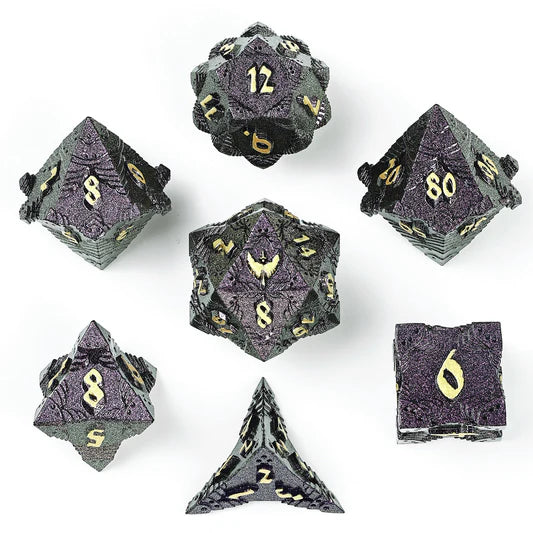 Hymgho Dice: Paladin Solid Metal Polyhedral Dice Set - Glitter Purple with Gold - 7D