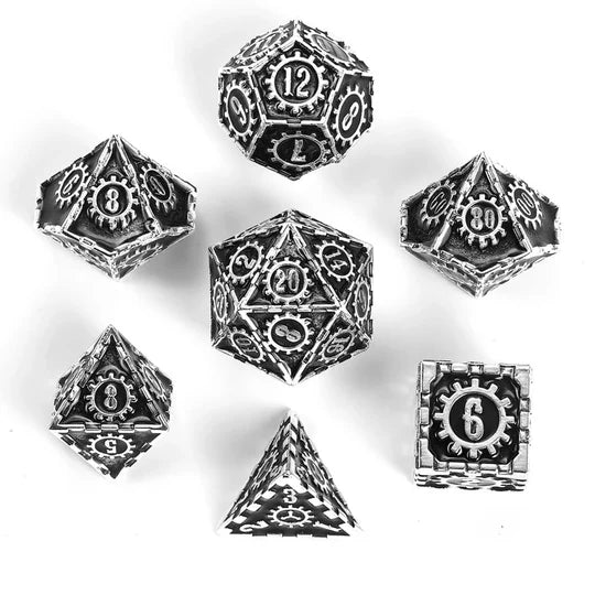 Hymgho Dice: Solid Metal Cogcraft Polyhedral Dice Diesel Set Silver and Black - 7D