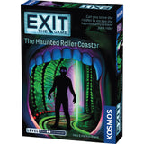Box of 'Exit: The Game - The Haunted Roller Coaster' with colorful design and silhouette of a person.