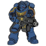 Blue robot character with a weapon on a white background