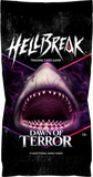 Trading card game pack 'Hellbreak: Dawn of Terror' with shark design on black background