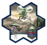 Hexagonal card featuring a G.I. Joe Battle Copter with character and stats on a desert background