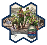 Hexagonal card featuring G. I. Joe Greenshirts with character details and stats.