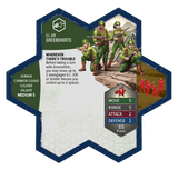 Hexagonal card featuring G. I. Joe Greenshirts with game rules and graphics.
