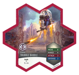 Hexagonal game card featuring a robot in a futuristic setting with text and icons.