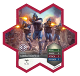 Hexagonal card featuring Cobra Troopers with game stats on a white background