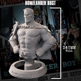 Gray bust sculpture of a character named 'Homelander' with a cityscape background.