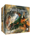 Call of Cthulhu: Horror on the Orient Express board game box, featuring dramatic fantasy artwork of a train traveling through a fiery, stormy landscape. The box is shown at a three-quarter angle against a plain white background.