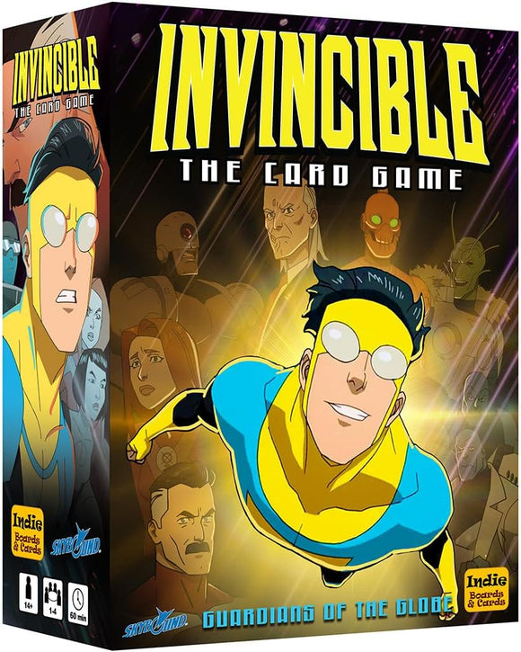Box of 'Invincible: The Card Game' with animated characters and superhero theme.