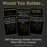 Set of cards with disturbing scenarios on a dark background